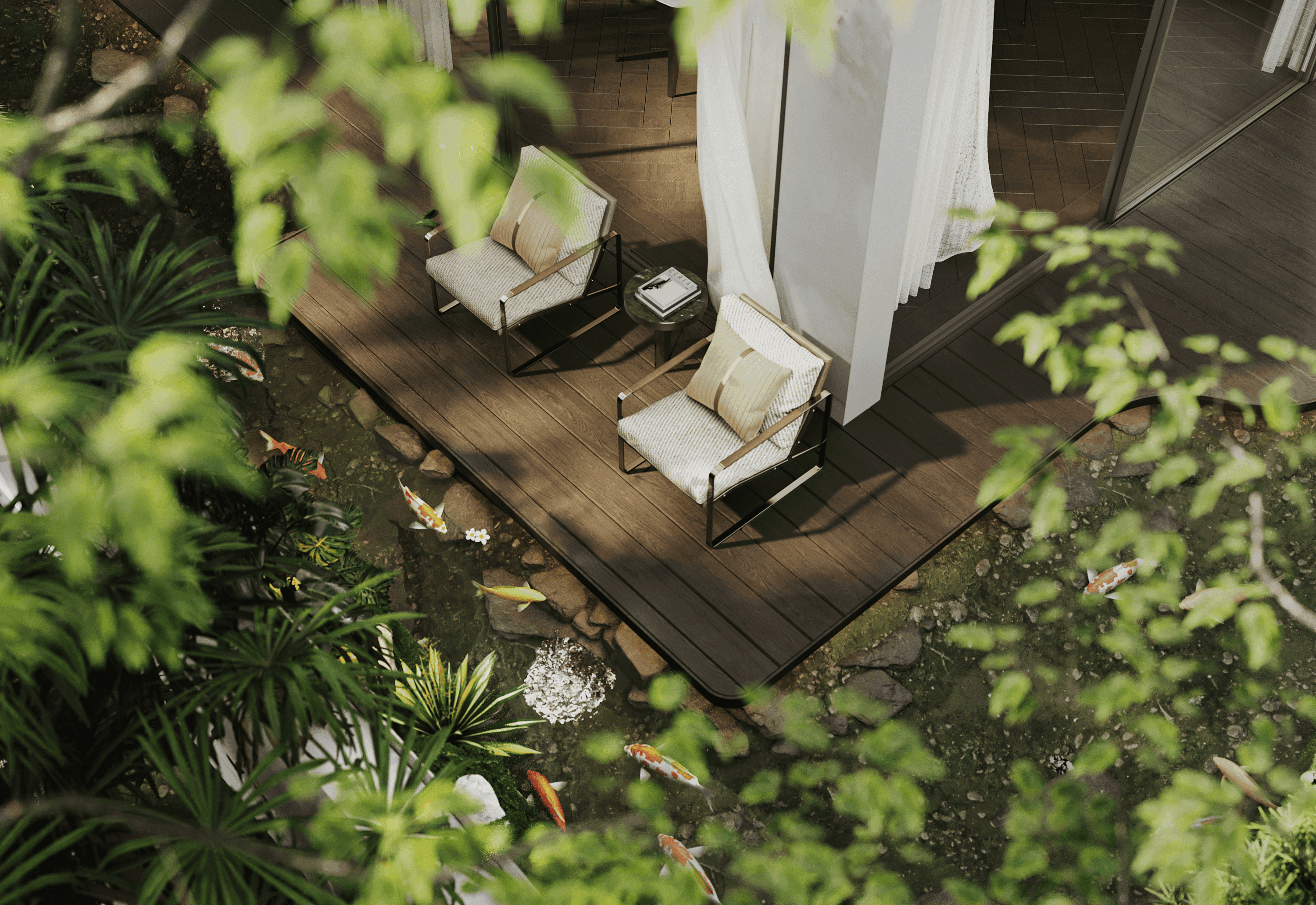 Vườn xanh </br>
kế bên hiên nhà